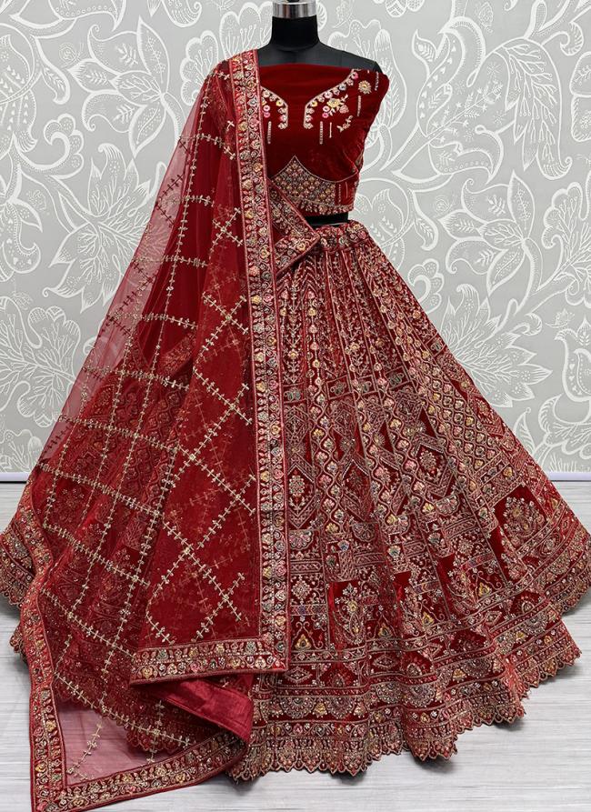 Velvet Red Bridal Wear Embroidery Work Lehenga Choli